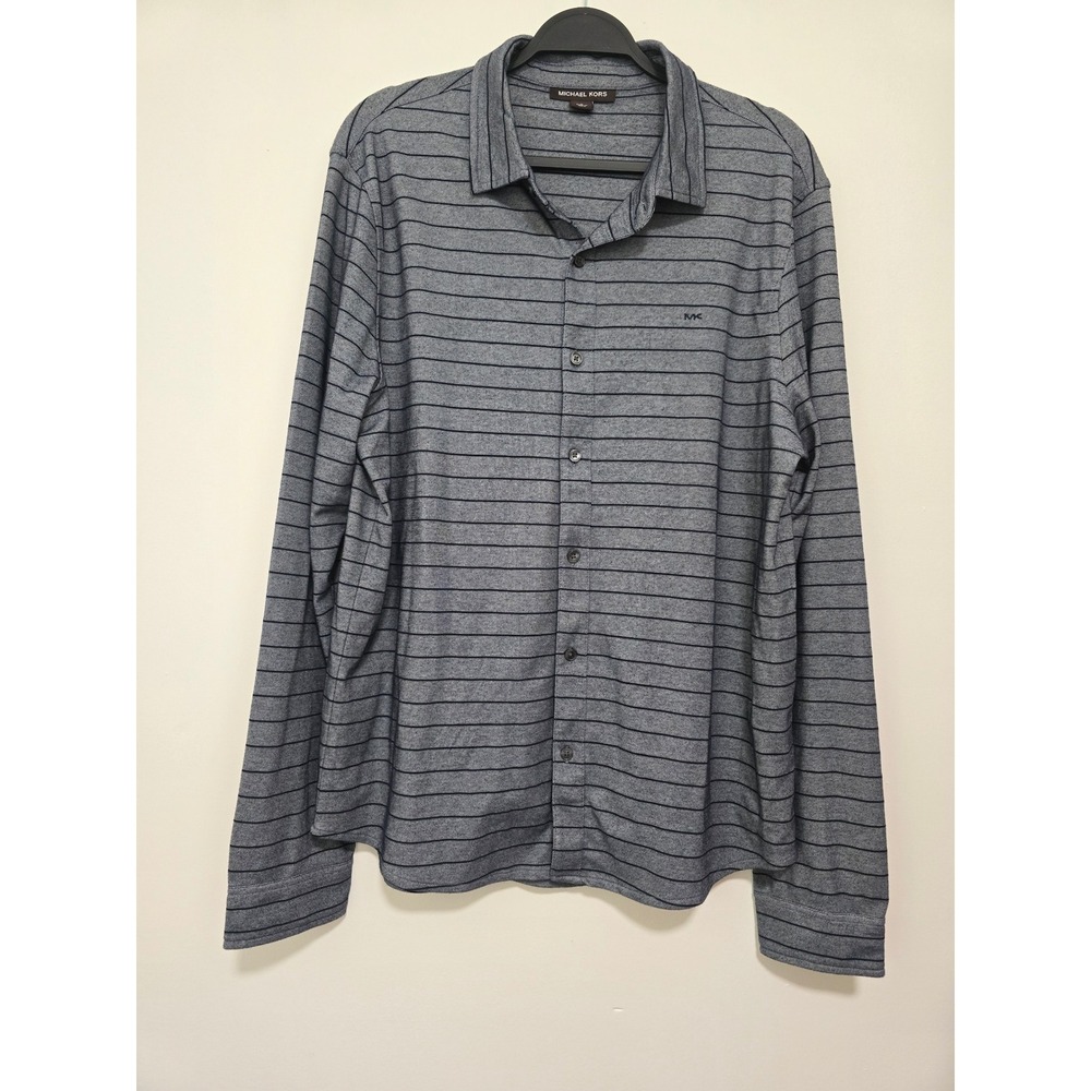 Michael Kors Button Down Men Large Grey Navy Striped Long Sleeve Shirt